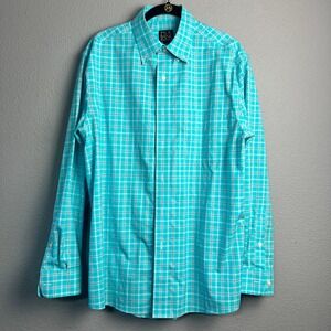 Jos. A. Bank Travelers Collection Mens Medium Turquoise Plaid‎ Button Down Shirt